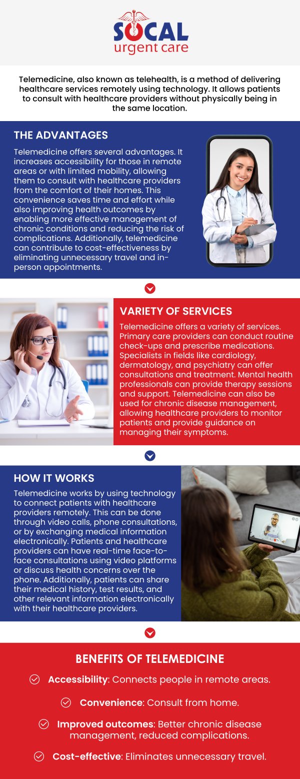 A number of persistent illnesses have benefited from telemedicine in terms of evaluation, diagnosis, management, medical care, and long-term follow-up. SoCal Urgent Care provides telemedicine services so you can be taken care of by our experienced healthcare providers in the comfort of your home. For more information, please contact us or request an appointment online. We are conveniently located at 710 S Brookhurst St. Suite A, Anaheim, CA 92804. A number of persistent illnesses have benefited from telemedicine in terms of evaluation, diagnosis, management, medical care, and long-term follow-up. SoCal Urgent Care provides telemedicine services so you can be taken care of by our experienced healthcare providers in the comfort of your home. For more information, please contact us or request an appointment online. We are conveniently located at 710 S Brookhurst St. Suite A, Anaheim, CA 92804.