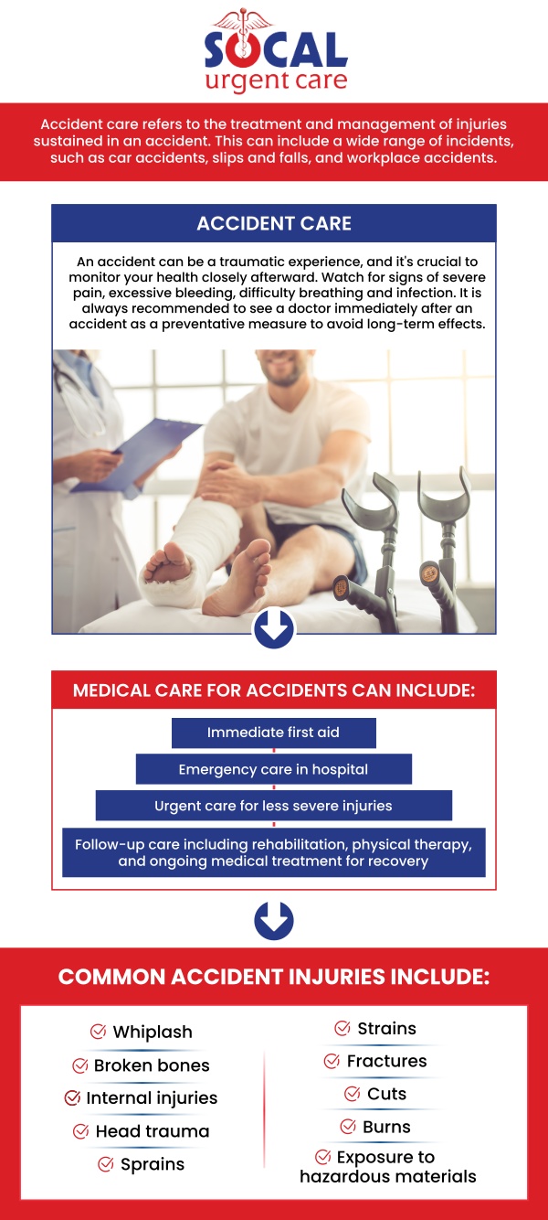 Following an accident, you need to visit a doctor. You must visit a doctor in the emergency department (ER) if your wounds are severe. Plan to see an urgent care center as soon as possible following the accident if your injuries are not life-threatening. At SoCal Urgent Care, our staff is experienced in treating non-life-threatening conditions. For more information, please contact us or request an appointment online. We are conveniently located at 710 S Brookhurst St. Suite A, Anaheim, CA 92804 (less than 3 miles away from Disneyland).