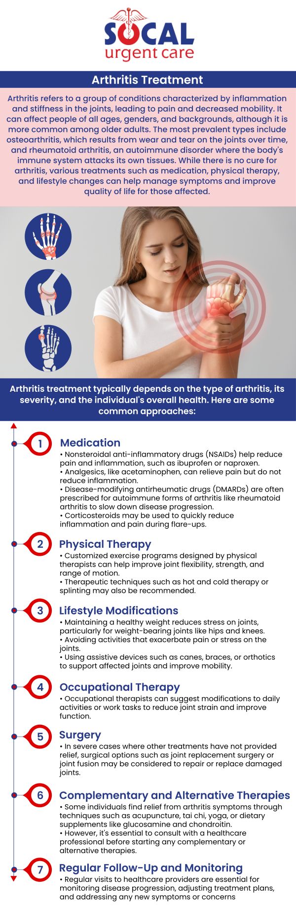 Arthritis is a prevalent condition that impacts the joints. It may lead to inflammation and discomfort, which makes any physical activity and movement challenging for individuals. If you are experiencing arthritis symptoms like pain, swelling, reduced range of motion, and stiffness, then it is important to properly manage the condition. For better care from compassionate professionals in Anaheim, CA, come to SoCal Urgent Care today. For more information, please contact us or book an appointment online. We are conveniently located at 710 S Brookhurst St. Suite A, Anaheim, CA 92804. Arthritis is a prevalent condition that impacts the joints. It may lead to inflammation and discomfort, which makes any physical activity and movement challenging for individuals. If you are experiencing arthritis symptoms like pain, swelling, reduced range of motion, and stiffness, then it is important to properly manage the condition. For better care from compassionate professionals in Anaheim, CA, come to SoCal Urgent Care today. For more information, please contact us or book an appointment online. We are conveniently located at 710 S Brookhurst St. Suite A, Anaheim, CA 92804.