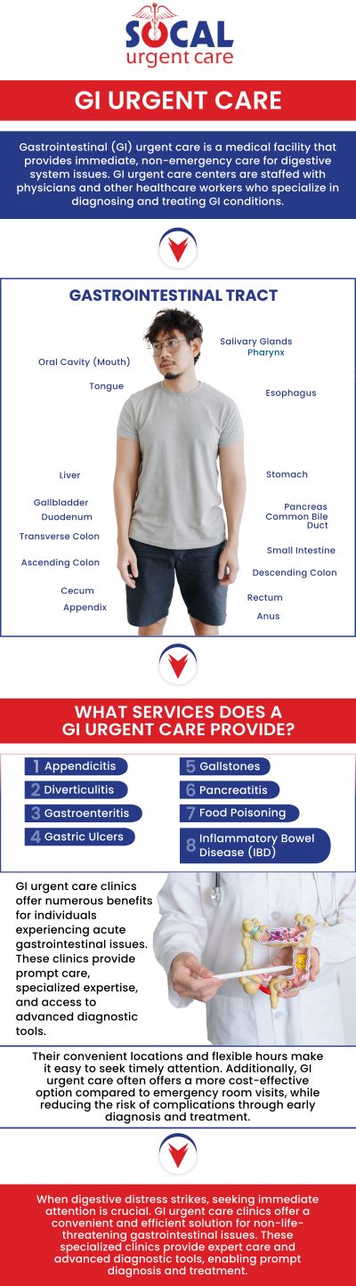 GI urgent care is essential for promptly addressing gastrointestinal issues that require immediate attention, such as severe abdominal pain, persistent vomiting, or significant changes in bowel habits. At SoCal Urgent Care, we specialize in providing swift, expert care for a range of GI conditions to alleviate discomfort and prevent complications. Our skilled team is dedicated to delivering effective treatment and support to help you recover quickly. Contact SoCal Urgent Care today or book an appointment online to get the specialized care you need. We are conveniently located at 710 S Brookhurst St. Suite A, Anaheim, CA 92804. GI urgent care is essential for promptly addressing gastrointestinal issues that require immediate attention, such as severe abdominal pain, persistent vomiting, or significant changes in bowel habits. At SoCal Urgent Care, we specialize in providing swift, expert care for a range of GI conditions to alleviate discomfort and prevent complications. Our skilled team is dedicated to delivering effective treatment and support to help you recover quickly. Contact SoCal Urgent Care today or book an appointment online to get the specialized care you need. We are conveniently located at 710 S Brookhurst St. Suite A, Anaheim, CA 92804.