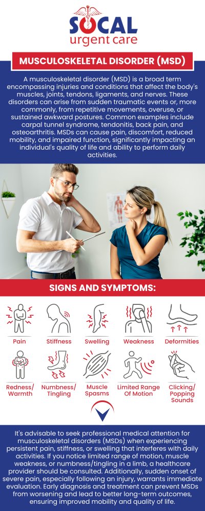 Urgent care centers offer prompt and efficient treatment for musculoskeletal diseases, including sprains, fractures, and back pain. These facilities are outfitted with diagnostic instruments and staffed by healthcare professionals who specialize in diagnosing and treating acute orthopedic injuries. Visit SoCal Urgent Care for musculoskeletal disorder treatment. For more information, please contact us or request an appointment online. We are conveniently located at 710 S Brookhurst St. Suite A, Anaheim, CA 92804 (less than 3 miles away from Disneyland).
