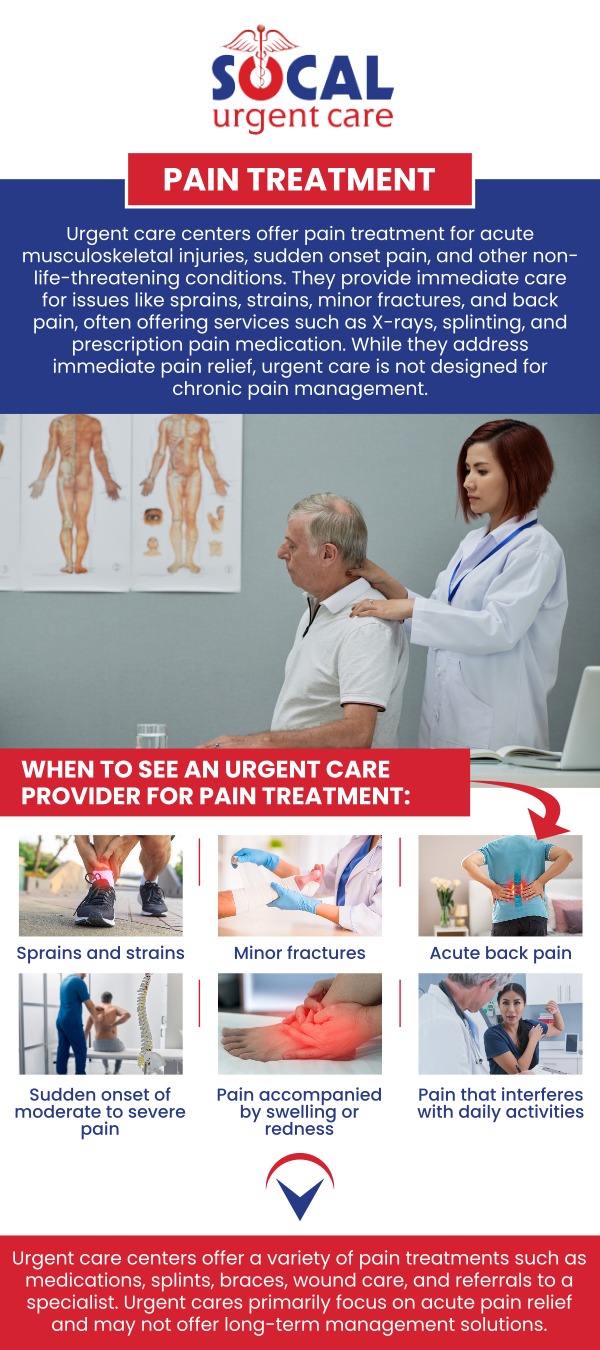 Urgent care centers provide a rapid and simple alternative for acute pain management by offering instant access to medical specialists without the need for an appointment. Visit the professionals at SoCal Urgent Care who are prepared to address non-life-threatening pain concerns, including sprains, small fractures, and back pain, ensuring that patients receive immediate treatment to relieve discomfort and avoid complications. For more information, please contact us or request an appointment online. We are conveniently located at 710 S Brookhurst St. Suite A, Anaheim, CA 92804 (less than 3 miles away from Disneyland).