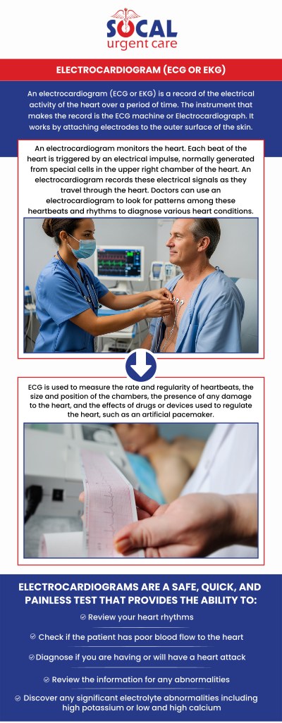 Before getting an EKG at SoCal Urgent Care in Anaheim, CA, it's helpful to know that the procedure is quick, non-invasive, and provides essential information about your heart’s health. Our experienced medical team will guide you through the process, ensuring you're comfortable throughout. Whether it's for routine monitoring or addressing specific symptoms, we make heart health easy to assess with minimal wait times. Stop by today for a fast and professional EKG at our center. For more information, please contact us or request an appointment online. We are conveniently located at 710 S Brookhurst St. Suite A, Anaheim, CA 92804 (less than 3 miles away from Disneyland). Before getting an EKG at SoCal Urgent Care in Anaheim, CA, it's helpful to know that the procedure is quick, non-invasive, and provides essential information about your heart’s health. Our experienced medical team will guide you through the process, ensuring you're comfortable throughout. Whether it's for routine monitoring or addressing specific symptoms, we make heart health easy to assess with minimal wait times. Stop by today for a fast and professional EKG at our center. For more information, please contact us or request an appointment online. We are conveniently located at 710 S Brookhurst St. Suite A, Anaheim, CA 92804 (less than 3 miles away from Disneyland).